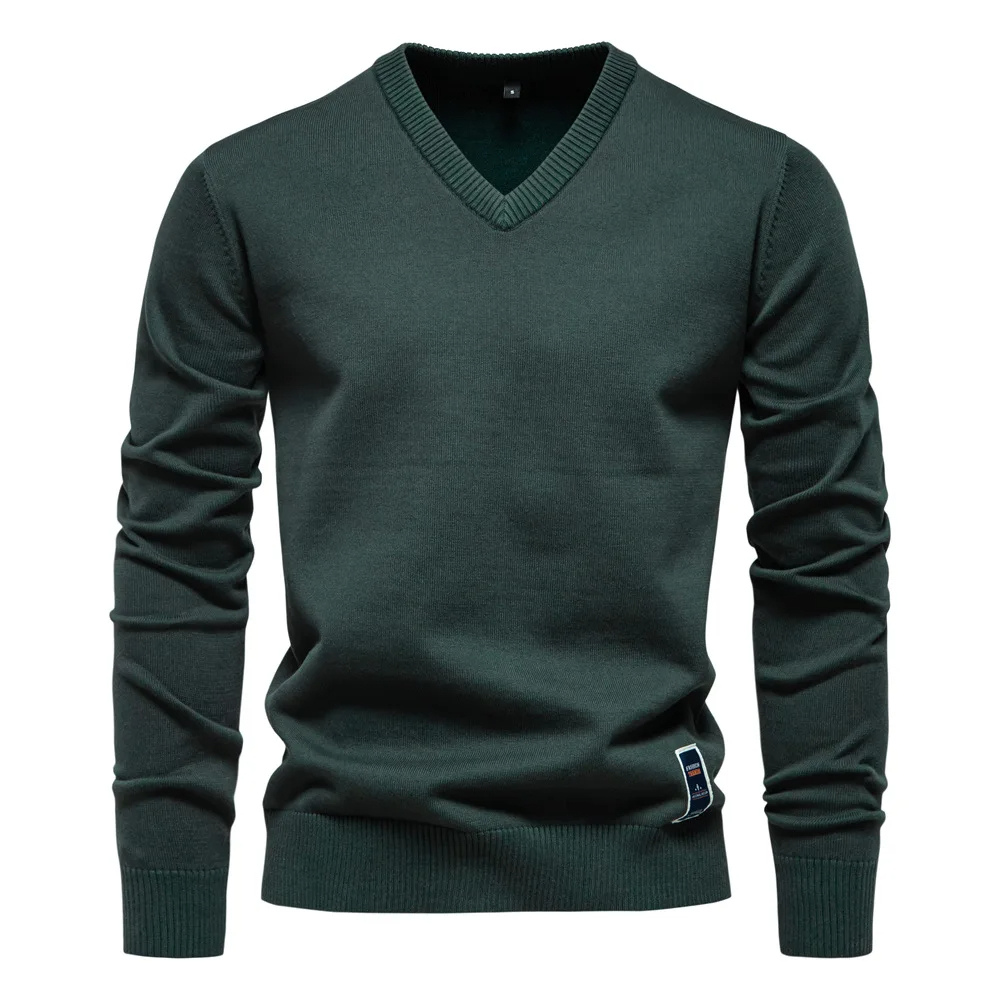 Hommes - Pull à col en V en coton doux - Logo brodé discret - Confort et élégance au quotidien