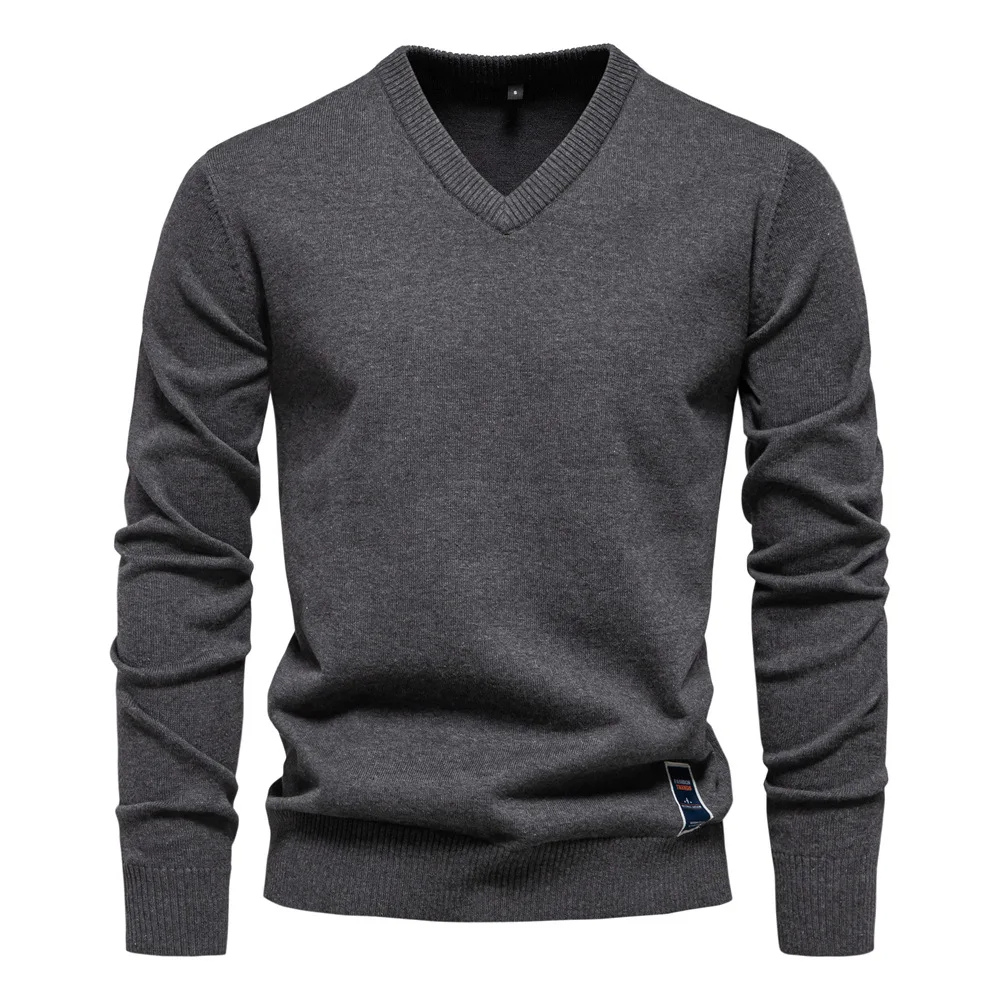 Hommes - Pull à col en V en coton doux - Logo brodé discret - Confort et élégance au quotidien
