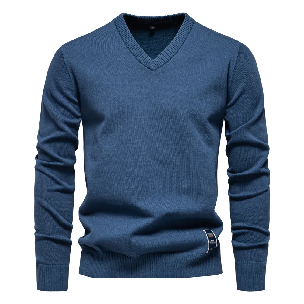 Hommes - Pull à col en V en coton doux - Logo brodé discret - Confort et élégance au quotidien