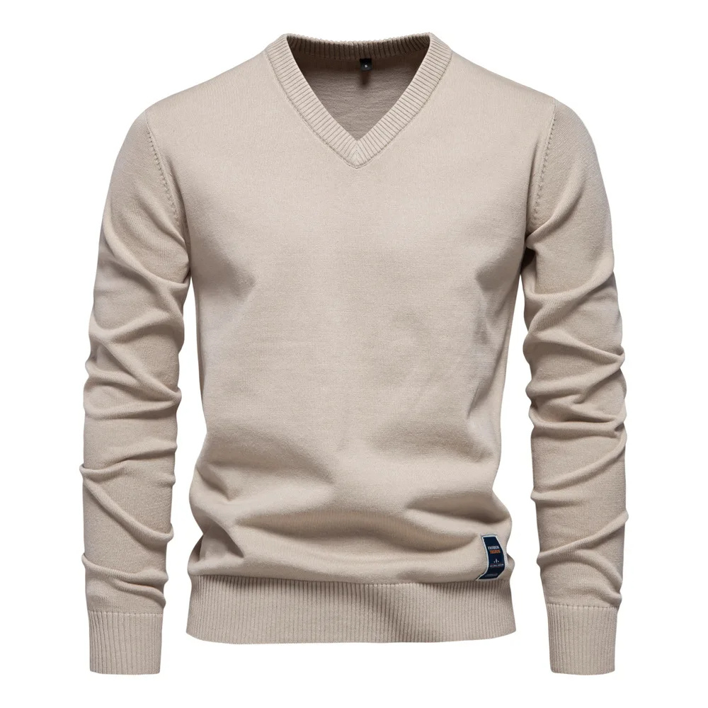 Hommes - Pull à col en V en coton doux - Logo brodé discret - Confort et élégance au quotidien