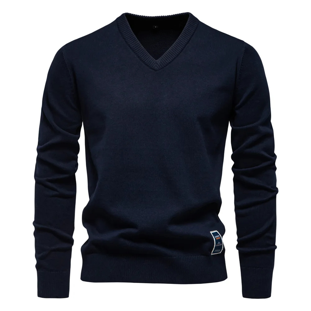 Hommes - Pull à col en V en coton doux - Logo brodé discret - Confort et élégance au quotidien