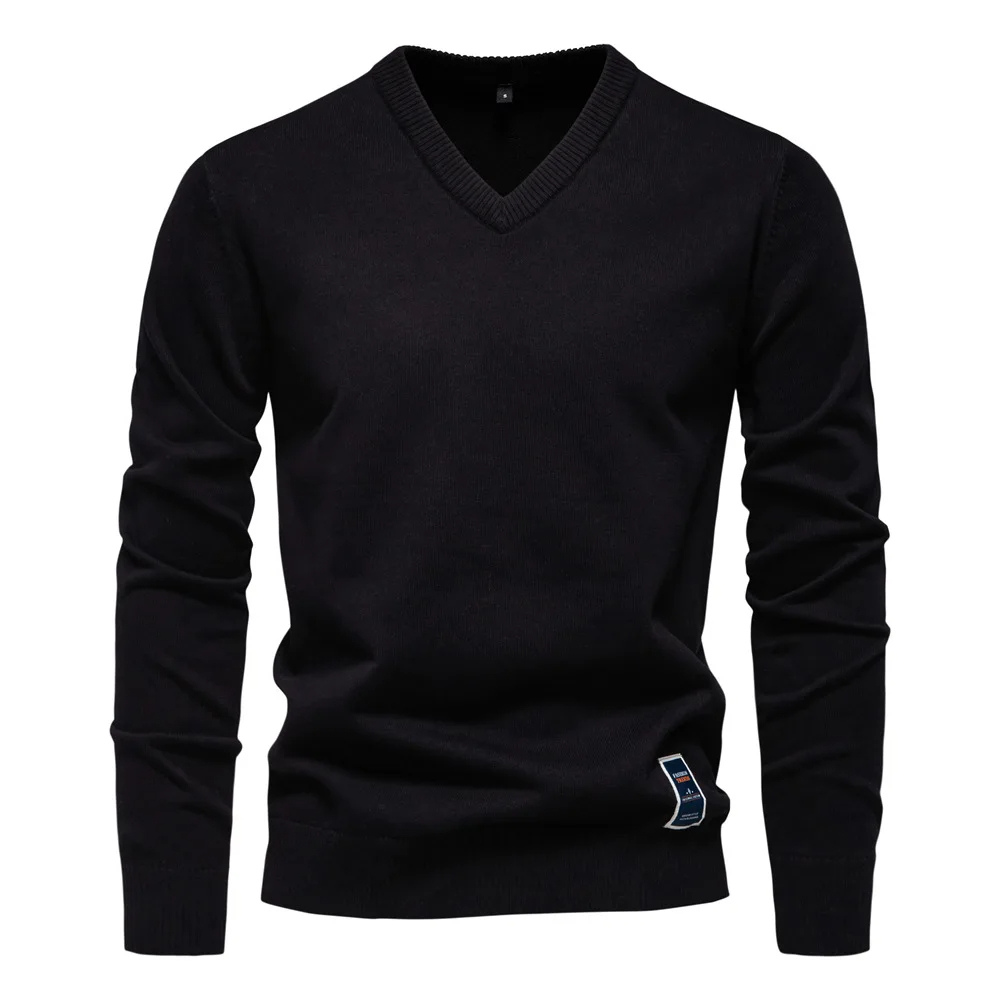 Hommes - Pull à col en V en coton doux - Logo brodé discret - Confort et élégance au quotidien