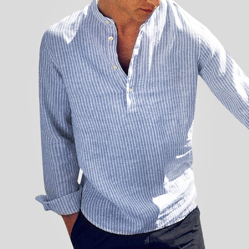 Hommes - Chemise Henley - Mélange coton-lin - Col à bande - Top décontracté rayé à manches longues