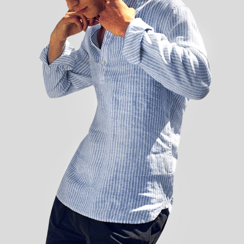 Hommes - Chemise Henley - Mélange coton-lin - Col à bande - Top décontracté rayé à manches longues