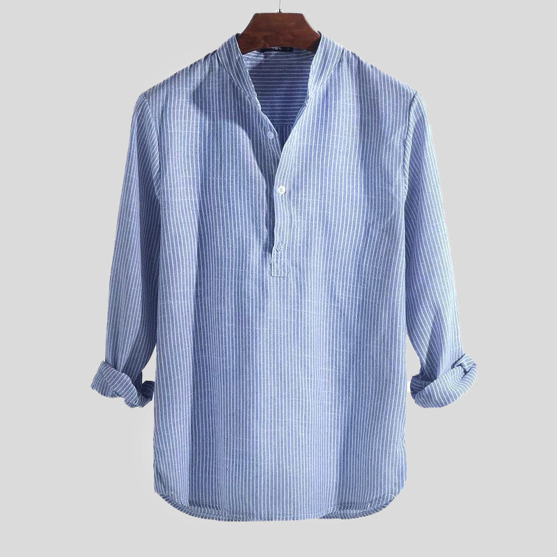 Hommes - Chemise Henley - Mélange coton-lin - Col à bande - Top décontracté rayé à manches longues