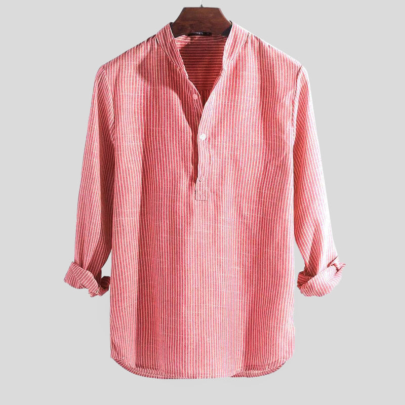 Hommes - Chemise Henley - Mélange coton-lin - Col à bande - Top décontracté rayé à manches longues
