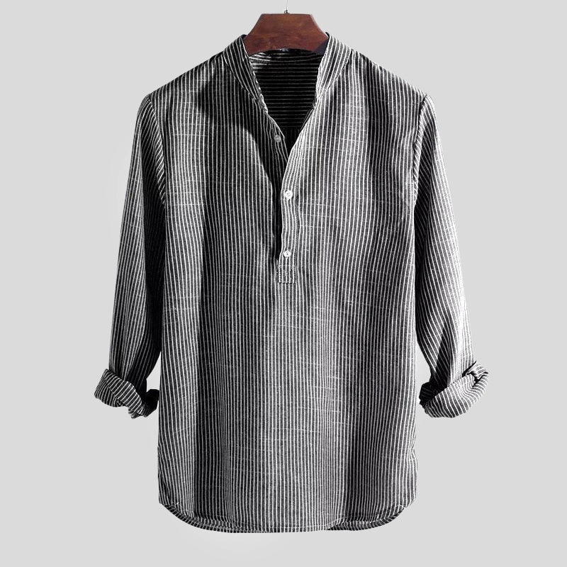 Hommes - Chemise Henley - Mélange coton-lin - Col à bande - Top décontracté rayé à manches longues