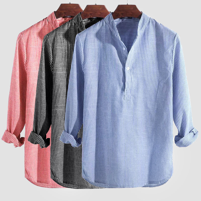 Hommes - Chemise Henley - Mélange coton-lin - Col à bande - Top décontracté rayé à manches longues