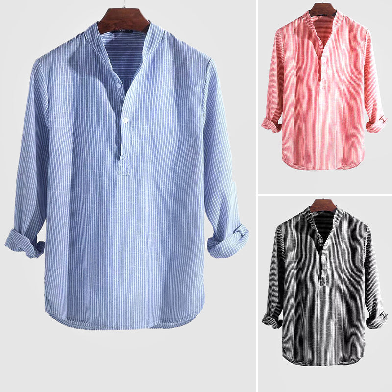 Hommes - Chemise Henley - Mélange coton-lin - Col à bande - Top décontracté rayé à manches longues