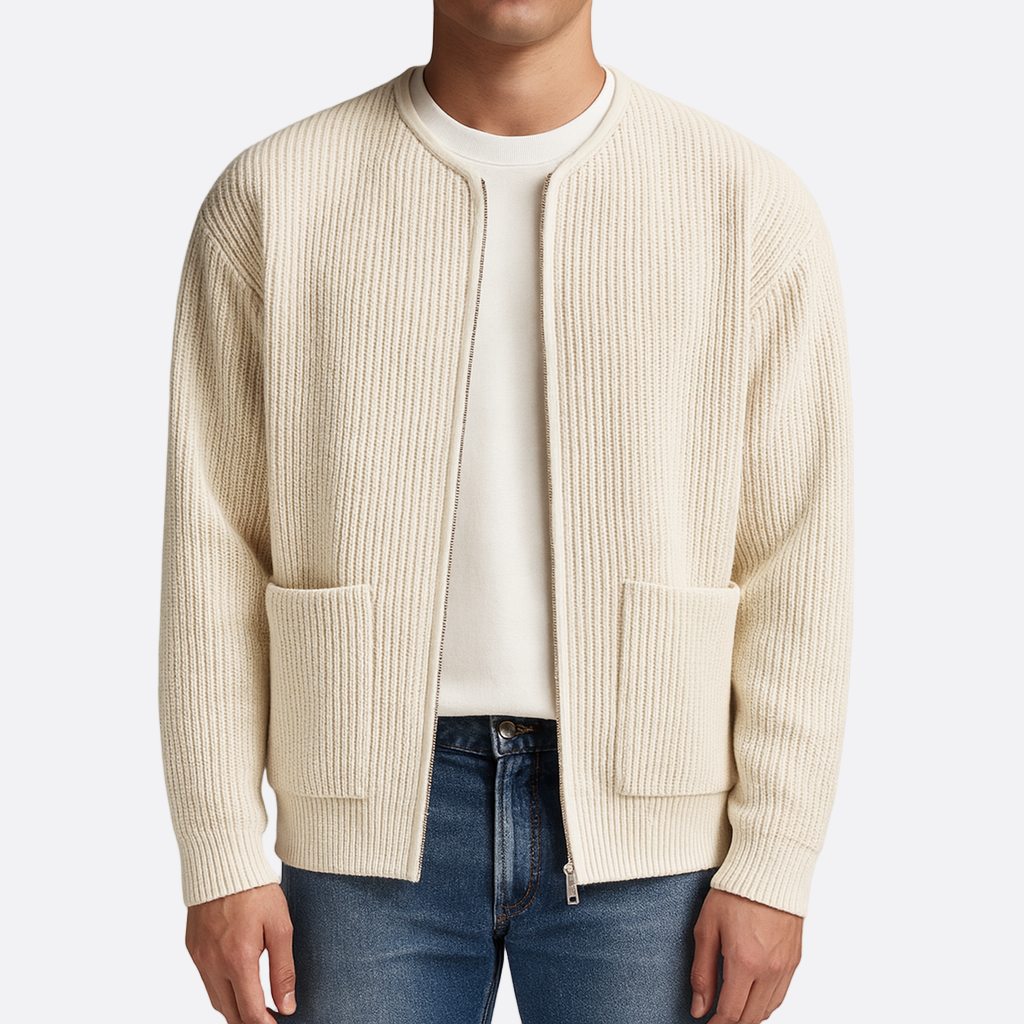 Hommes - Cardigan zippé - Tricot côtelé - Style minimaliste - Vêtement élégant et confortable