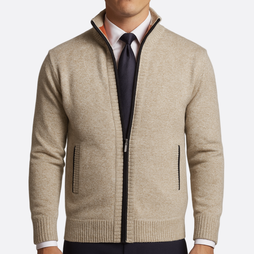 Hommes - Cardigan zippé - Tricot - Col montant et ourlet côtelé - Confort et style pour toutes les occasions
