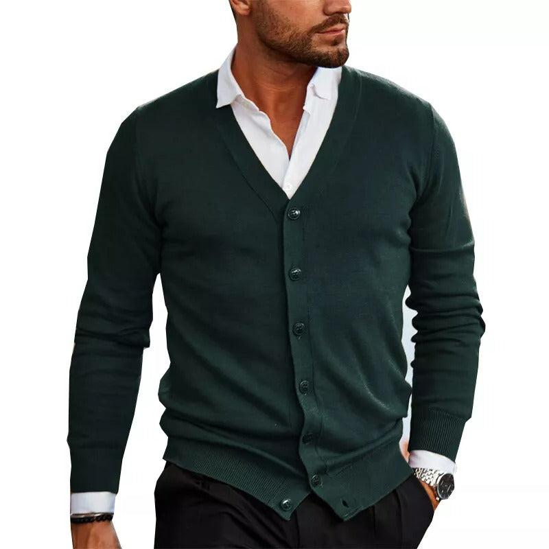 Hommes - Cardigan Ajusté - Tricot - Col en V, Boutons, Ourlet Côtelé - Élégance et Confort au Quotidien