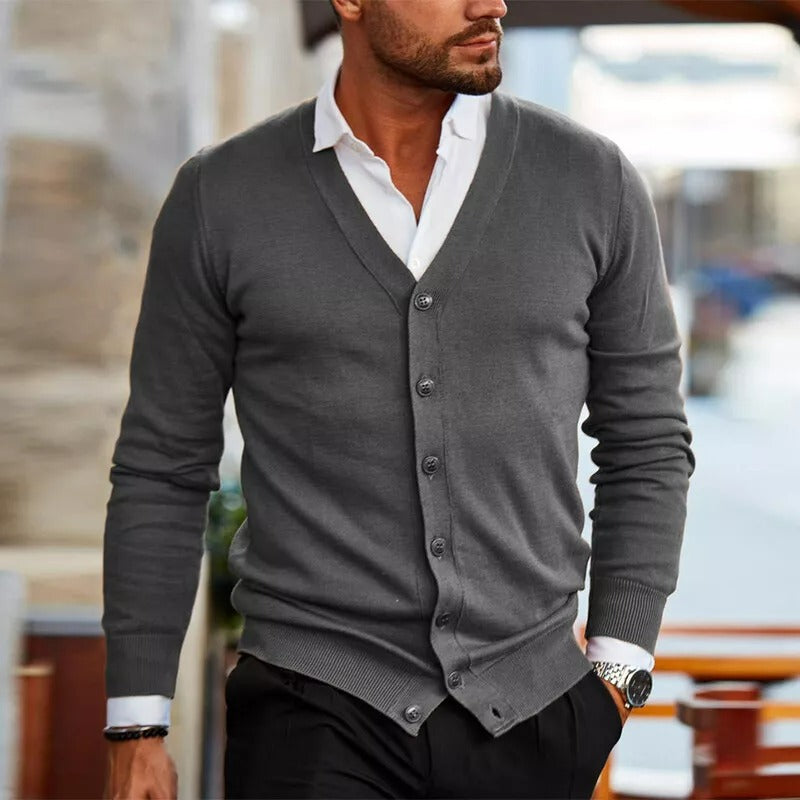 Hommes - Cardigan Ajusté - Tricot - Col en V, Boutons, Ourlet Côtelé - Élégance et Confort au Quotidien