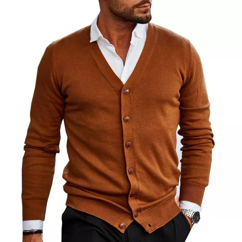Hommes - Cardigan Ajusté - Tricot - Col en V, Boutons, Ourlet Côtelé - Élégance et Confort au Quotidien