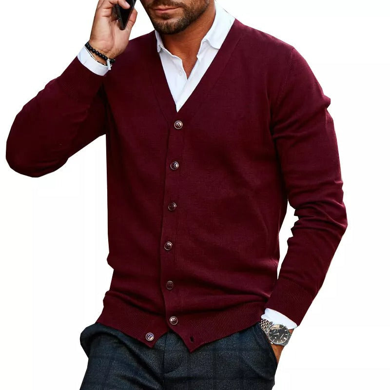 Hommes - Cardigan Ajusté - Tricot - Col en V, Boutons, Ourlet Côtelé - Élégance et Confort au Quotidien