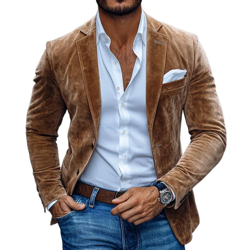 Hommes - Blazer décontracté en daim solide - Revers échancré, design élégant à deux boutons - Style contemporain