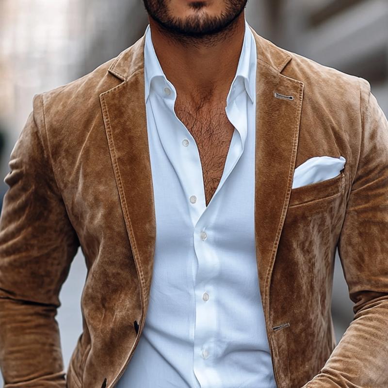 Hommes - Blazer décontracté en daim solide - Revers échancré, design élégant à deux boutons - Style contemporain