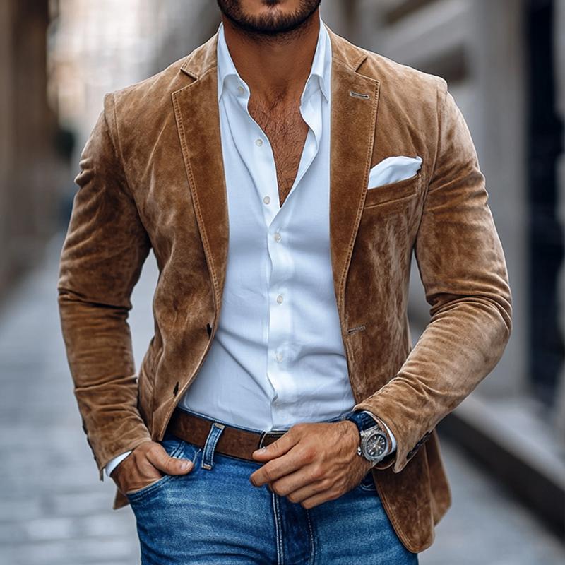 Hommes - Blazer décontracté en daim solide - Revers échancré, design élégant à deux boutons - Style contemporain