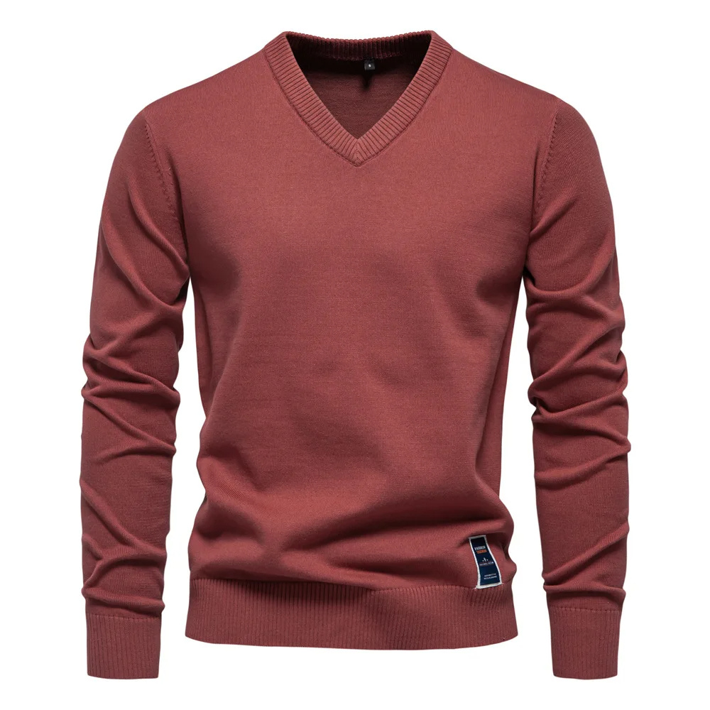 Hommes - Pull à col en V en coton doux - Logo brodé discret - Confort et élégance au quotidien