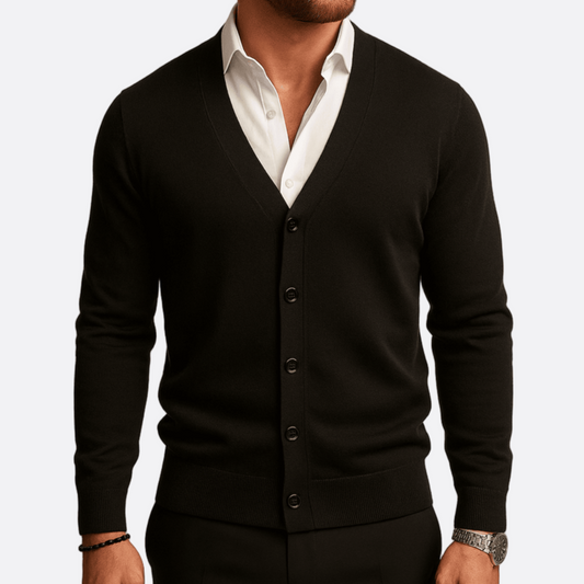 Hommes - Cardigan Ajusté - Tricot - Col en V, Boutons, Ourlet Côtelé - Élégance et Confort au Quotidien