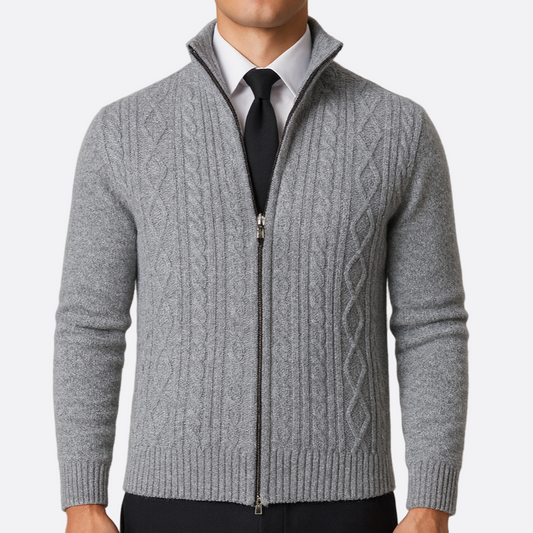 Hommes - Cardigan zippé - Maille torsadée - Col montant - Tricot élégant pour un style décontracté
