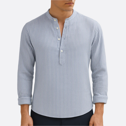 Hommes - Chemise Henley - Mélange coton-lin - Col à bande - Top décontracté rayé à manches longues