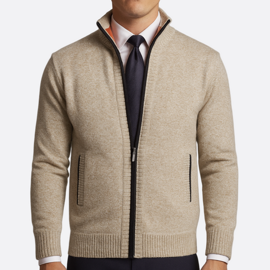 Hommes - Cardigan zippé - Tricot - Col montant et ourlet côtelé - Confort et style pour toutes les occasions