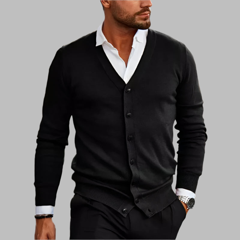 Hommes - Cardigan Ajusté - Tricot - Col en V, Boutons, Ourlet Côtelé - Élégance et Confort au Quotidien